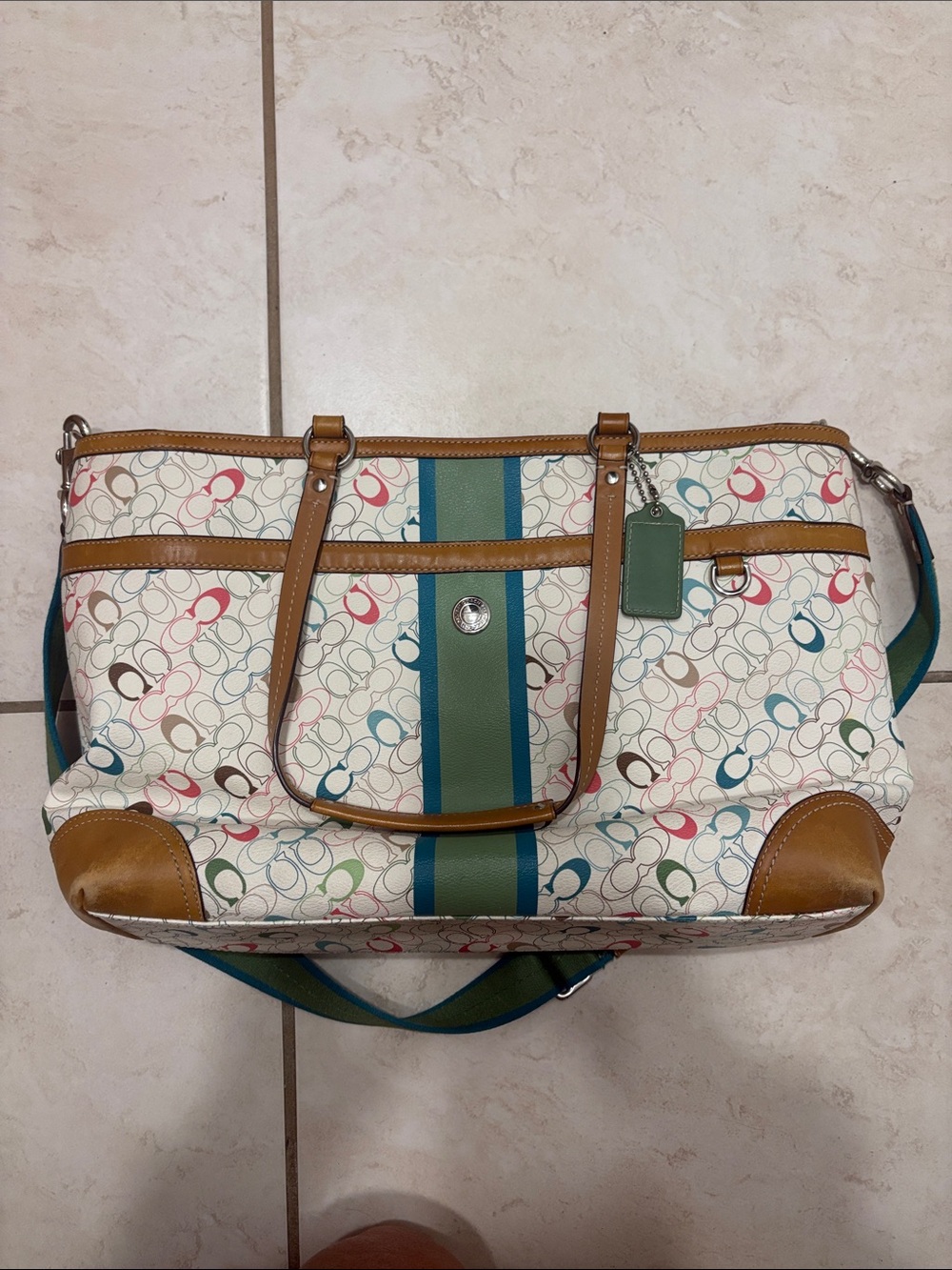 Coach Signature Stripe Canvas Laptop Purse Handbag Tote Crossbody bag White Mult